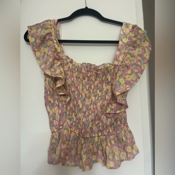 mine Tops - Mine Floral Ruffle Blouse - Pink and Yellow